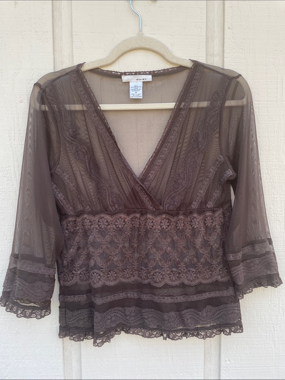 WDNY Sheer Mesh Lace Top Medium Brown 3/4 Sleeves V Neck Babydoll